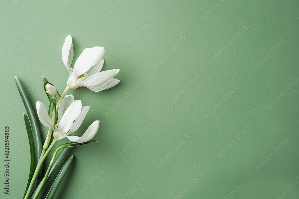 Fototapeta premium Two snowdrop blossoms are seen up close on a green background with copy space. Illustration, Generative AI.