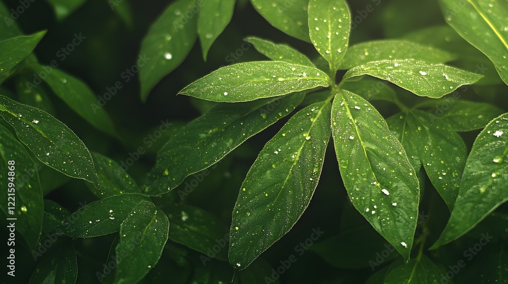 Close-Up of Fresh Green Leaves with Water Droplets in Sunlight, Showcasing Nature's Beauty and Textures in a Lush Green Environment Close-Up of Fresh Green Leaves with Water Droplets in Sunlight, Showcasing Nature's Beauty and Textures in a Lush Green Environment