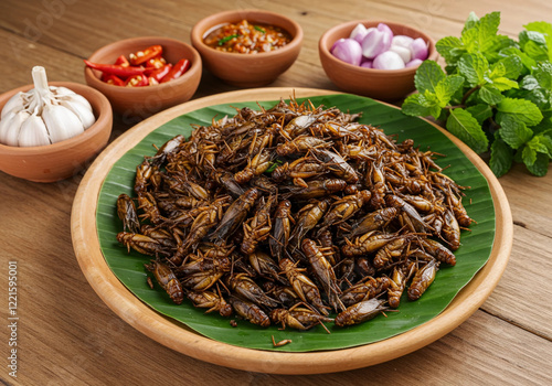 Plate of fried grasshoppers styled with traditional Indonesian utensils and garnishes, reflecting cultural heritage in food presentation. photo