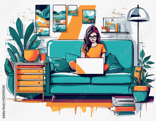 Girl from home working on laptop. Work from home and freelance. Young woman studying at home, freelancer lifestyle. Vector illustration in sketch style