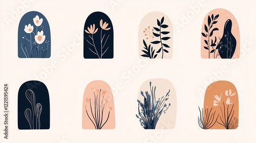 Eight minimalist floral illustrations in arched frames.