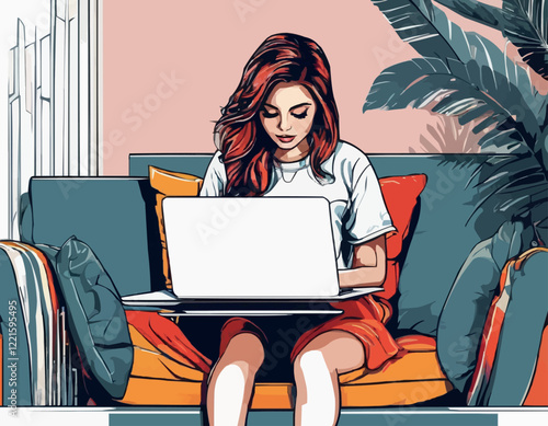 Girl from home working on laptop. Work from home and freelance. Young woman studying at home, freelancer lifestyle. Vector illustration in sketch style