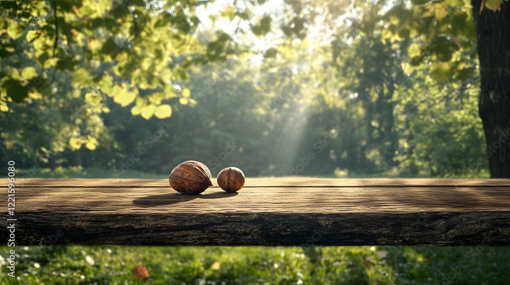 Obraz premium Beautiful Natural Setting with Nuts Resting on a Rustic Wooden Table Surrounded by Lush Greenery and Soft Sunlight Filtering Through Trees