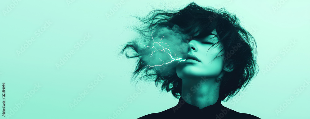 Fototapeta premium Above sad woman is storm cloud with lightning. Creative concept of depression, anxiety, tension and panic attacks, headache, migraine, weather dependency, magnetic storms