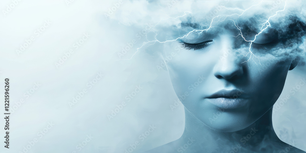 Fototapeta premium Above sad woman is storm cloud with lightning. Creative concept of depression, anxiety, tension and panic attacks, headache, migraine, weather dependency, magnetic storms