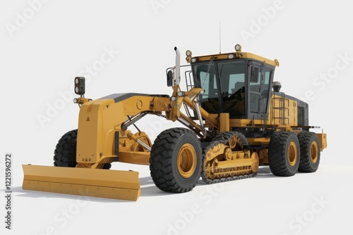 A large yellow grader, a powerful earthmoving machine used for construction and road building. photo