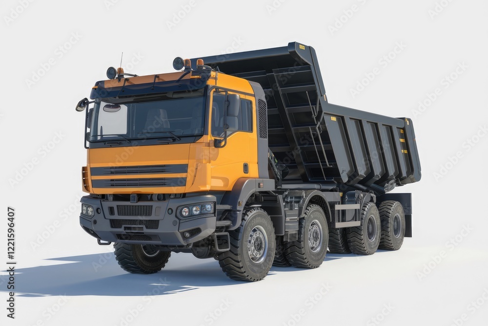 A large orange and black dump truck, robust and powerful, designed for heavy-duty hauling. A large orange and black dump truck, robust and powerful, designed for heavy-duty hauling.