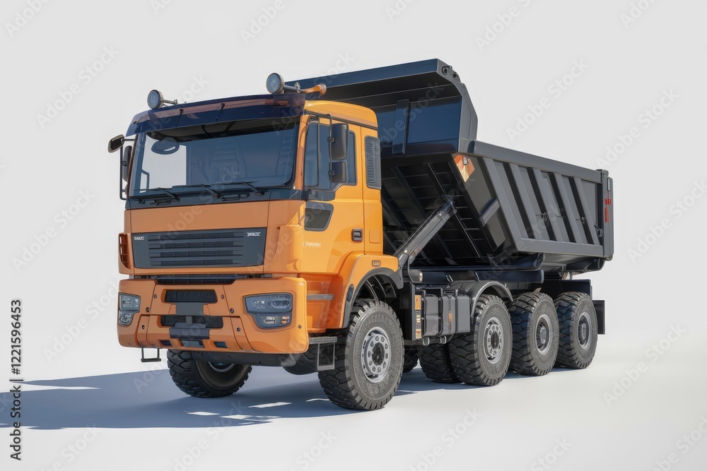 A powerful orange dump truck with a raised bed, ready for heavy-duty hauling and construction work. A powerful orange dump truck with a raised bed, ready for heavy-duty hauling and construction work.
