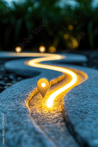 An illuminated route line from one 3d location pin marker to another location marker. Travel, route construction