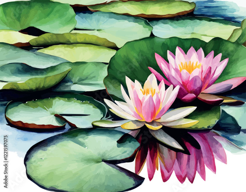 Water lilies or lotuses watercolor, Painting Art of flowers on water