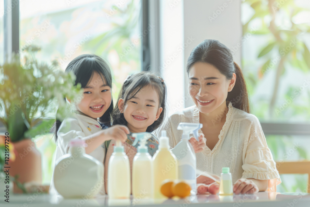 Cheerful Mother and Two Daughters Working Together Using Natural Cleaning Products while Doing Household Chores in Bright Interior Cheerful Mother and Two Daughters Working Together Using Natural Cleaning Products while Doing Household Chores in Bright Interior