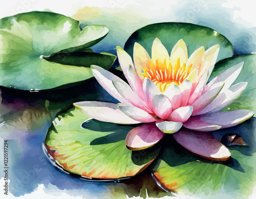 Water lilies or lotuses watercolor, Painting Art of flowers on water