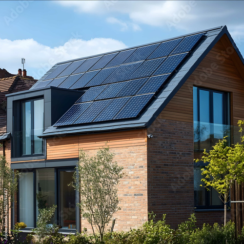 Solar panels on the roof of a modern house in the UK highresolution photography