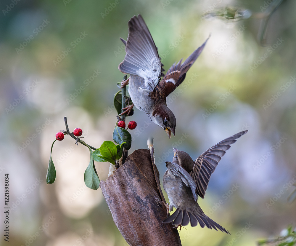 In winter, disputes over food offer excellent postures for birds, such as sparrows.