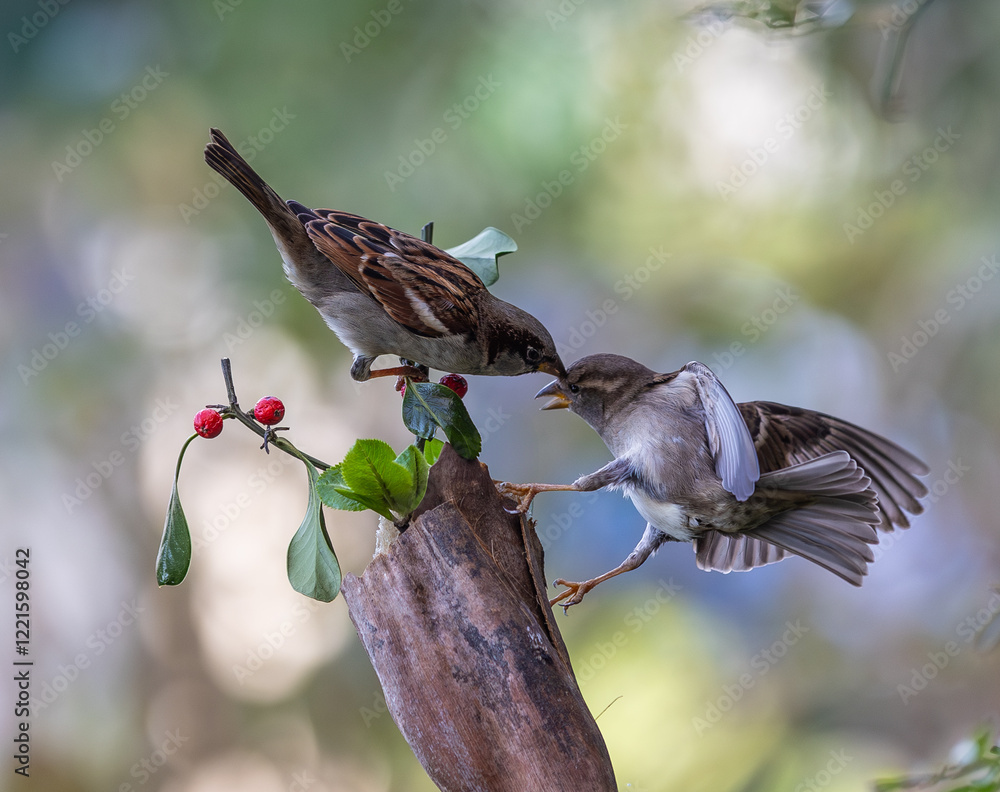 In winter, disputes over food offer excellent postures for birds, such as sparrows.