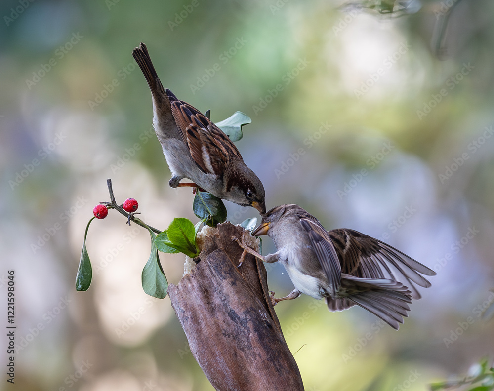 In winter, disputes over food offer excellent postures for birds, such as sparrows.