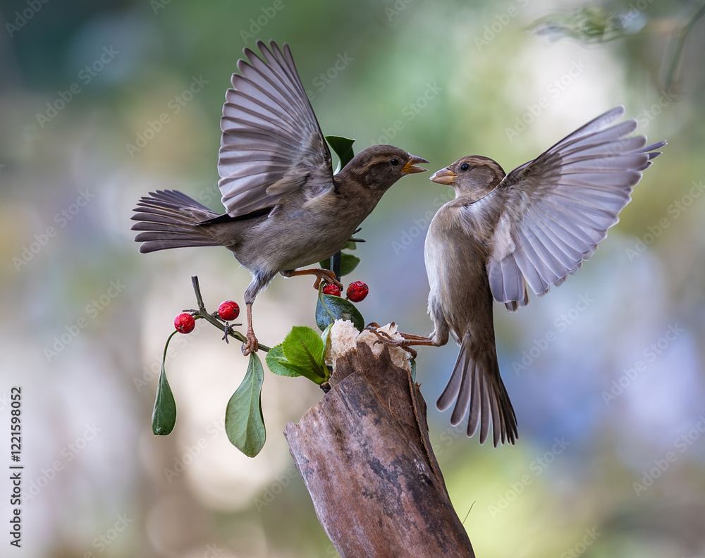 In winter, disputes over food offer excellent postures for birds, such as sparrows.