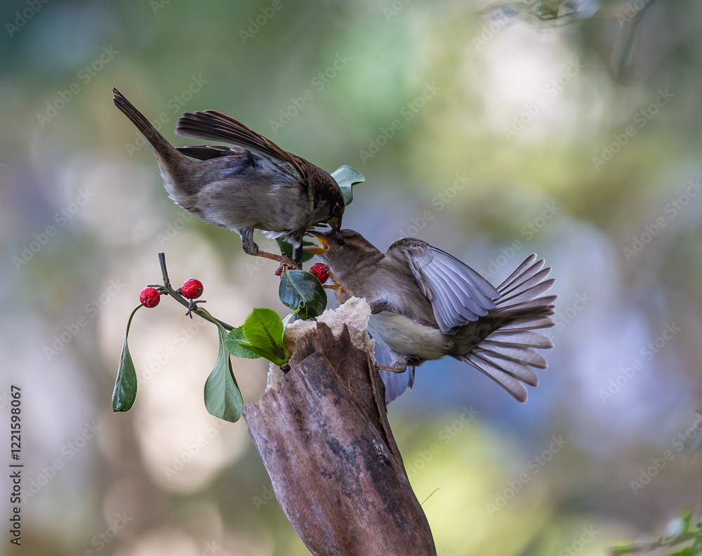 In winter, disputes over food offer excellent postures for birds, such as sparrows.