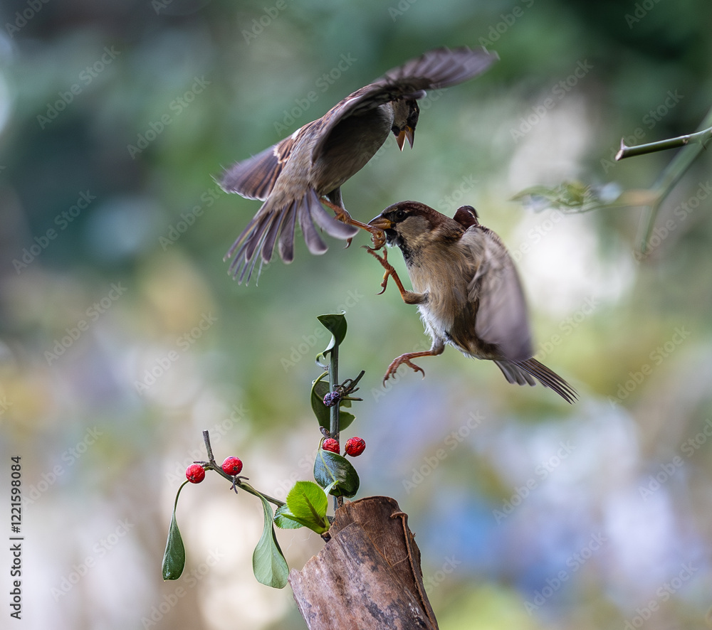 In winter, disputes over food offer excellent postures for birds, such as sparrows.