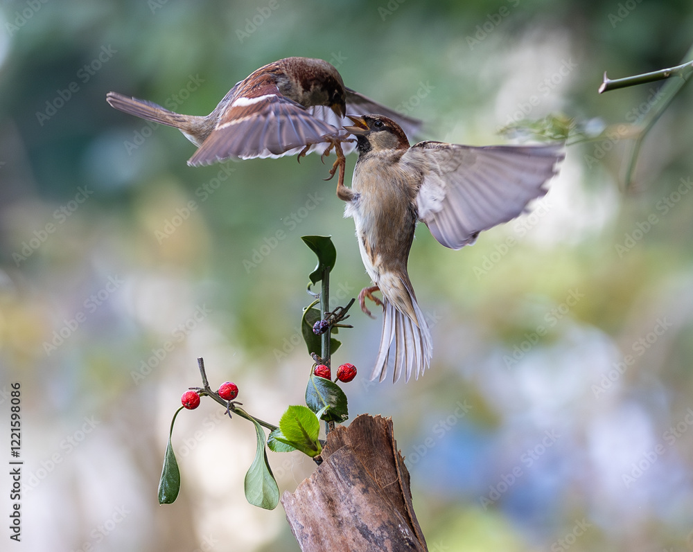 In winter, disputes over food offer excellent postures for birds, such as sparrows.