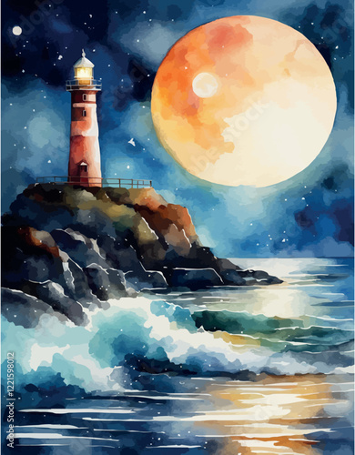 Watercolor lighthouse towers over sea, full moon, sunset sky. Coastal charm, nautical design, home decor and travel posters