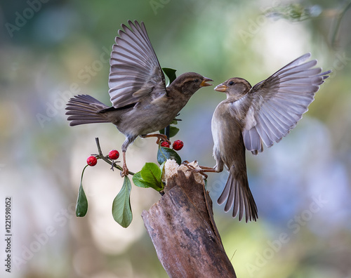 Obraz na płótnie In winter, disputes over food offer excellent postures for birds, such as sparrows. w salonie