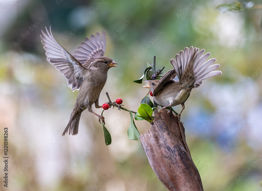 In winter, disputes over food offer excellent postures for birds, such as sparrows.