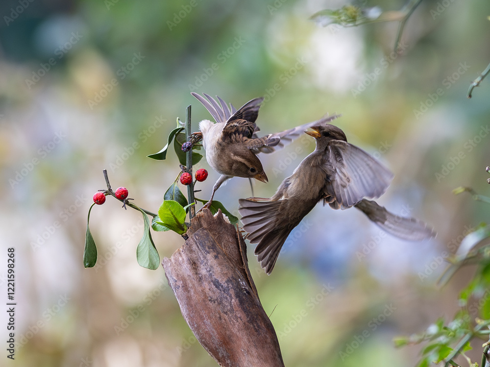 In winter, disputes over food offer excellent postures for birds, such as sparrows.