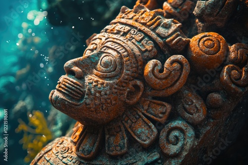 Wallpaper Mural Weathered Mayan stone carving, intricate details, ancient artifact, mysterious aura, underwater scene. Torontodigital.ca