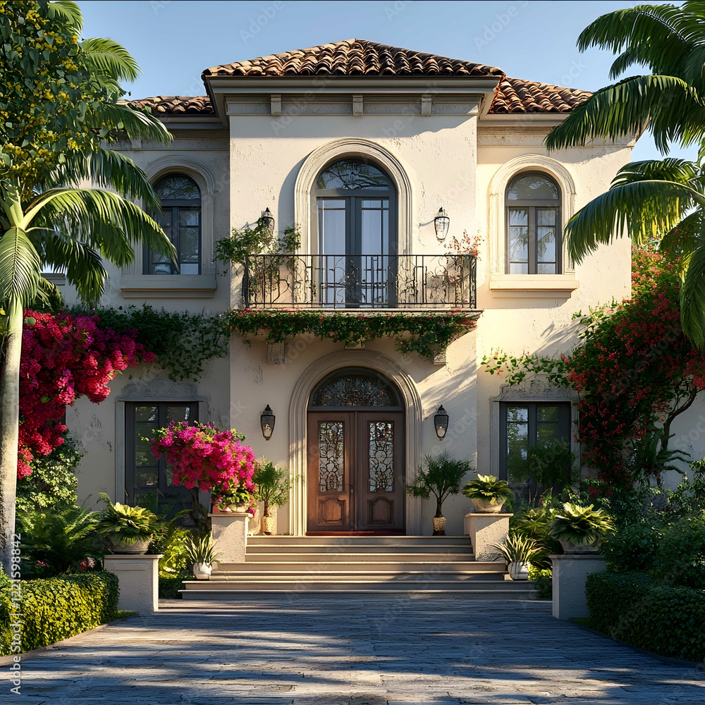 create a beauutiful front view of a 2 story house with beautiful front gardens and palm tree with stone garden and hybiscus plants v6 6k create a beauutiful front view of a 2 story house with beautiful front gardens and palm tree with stone garden and hybiscus plants v6 6k