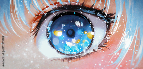 Close-up illustration of a sparkling blue eye with light reflections, belonging to an anime girl with light blue hair