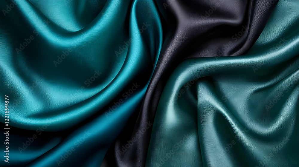 Fototapeta premium Close up of teal green and black silk fabric with smooth texture and rich color contrast