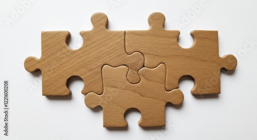 4 Four brown pieces of puzzle stand on wooden table isolated on gray or white background. empty copy space for inscription or objects. idea, sign, symbol, concept of connecting
 photo