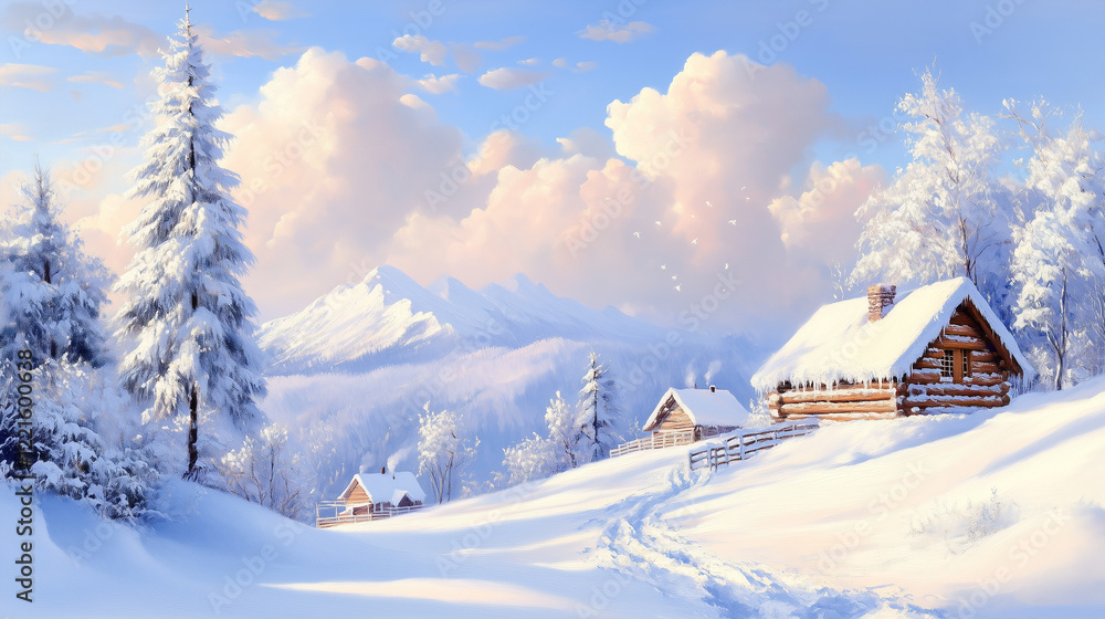 Small village covered in snow in the mountains, winter dnd illustration