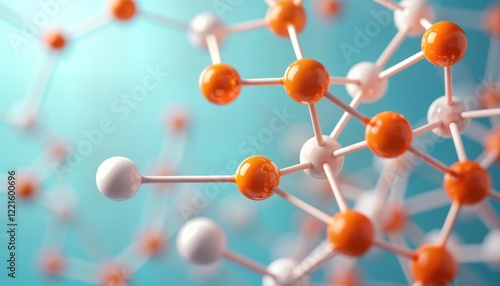 Close-up view of colorful polymer cross-linking reactions. Chemical bonds form creating vibrant molecular structure. Study of molecular interactions, polymer synthesis. Model complex chemical