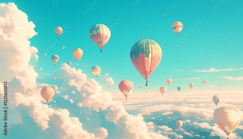 Fototapeta premium A serene and dreamy scene of colorful hot air balloons floating above the clouds 