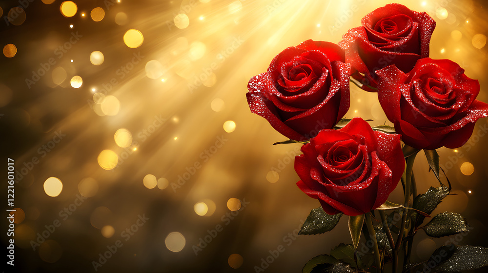 Three red roses with water droplets on petals arranged on a white background Three red roses with water droplets on petals arranged on a white background