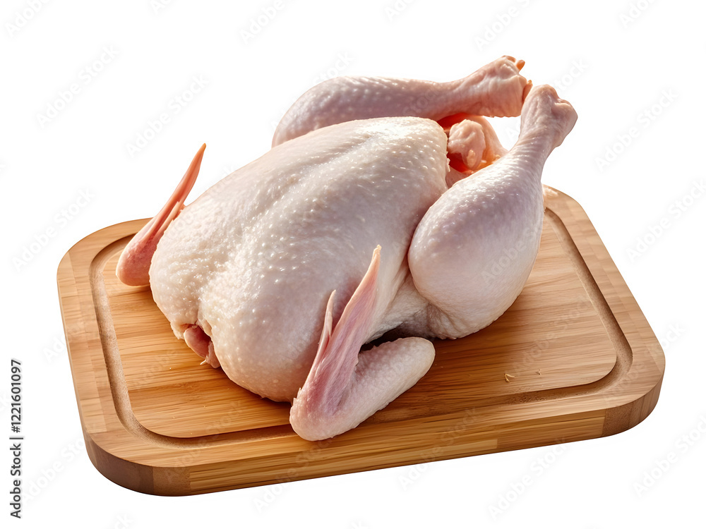 Fresh whole chicken on bamboo cutting board, isolated on white background,leg,broiler,dinner Fresh whole chicken on bamboo cutting board, isolated on white background,leg,broiler,dinner