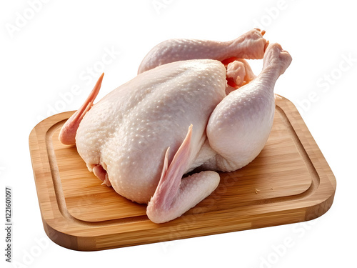 Fresh whole chicken on bamboo cutting board, isolated on white background,leg,broiler,dinner
