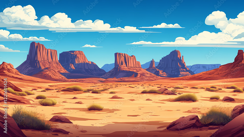 Fototapeta premium Vast desert expanse sand dunes from low perspective photorealistic landscape copy space. Majestic Desert. Illustration