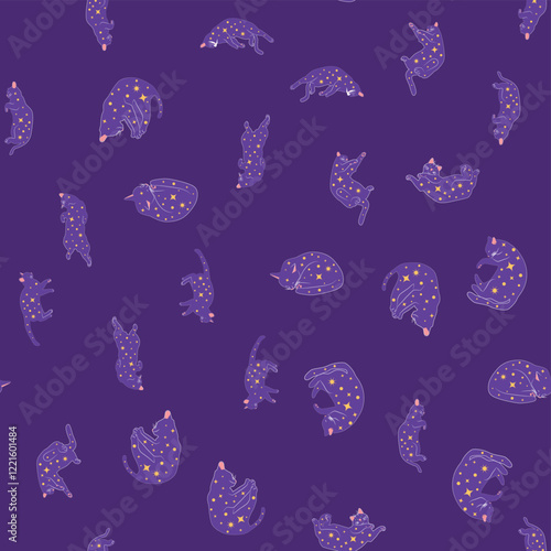 Mystical seamless pattern of cats in boho style, silhouette collection. Witchcraft and magic. Esotericism and mysticism, occultism. Cartoon flat vector illustrations, isolated