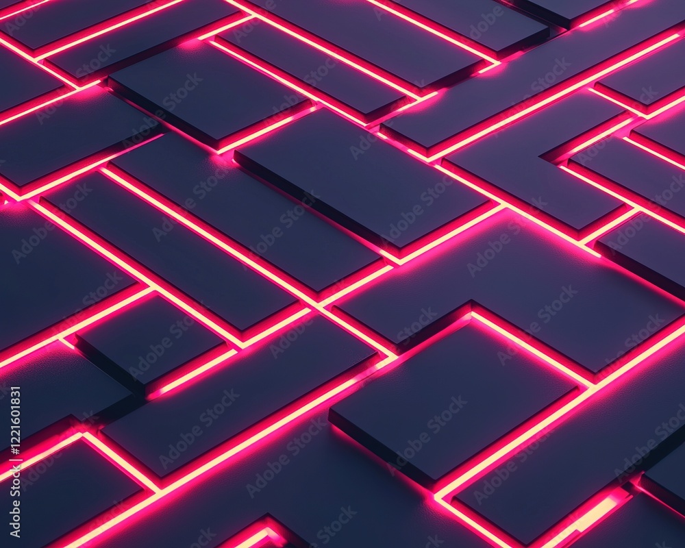 A vibrant, geometric maze design featuring sleek black surfaces illuminated by striking pink neon lines. A vibrant, geometric maze design featuring sleek black surfaces illuminated by striking pink neon lines.