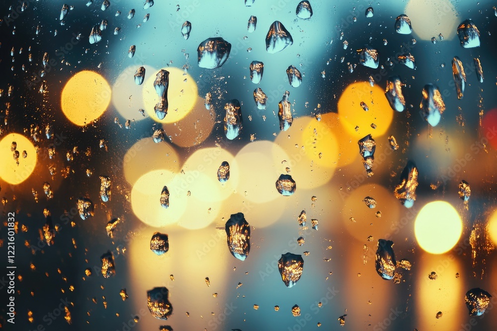 Raindrops on a windowpane at night, reflecting blurred city lights. Raindrops on a windowpane at night, reflecting blurred city lights.
