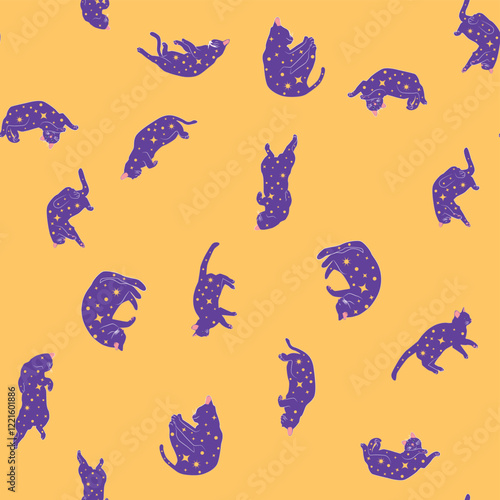 Mystical seamless pattern of cats in boho style, silhouette collection. Witchcraft and magic. Esotericism and mysticism, occultism. Cartoon flat vector illustrations, isolated