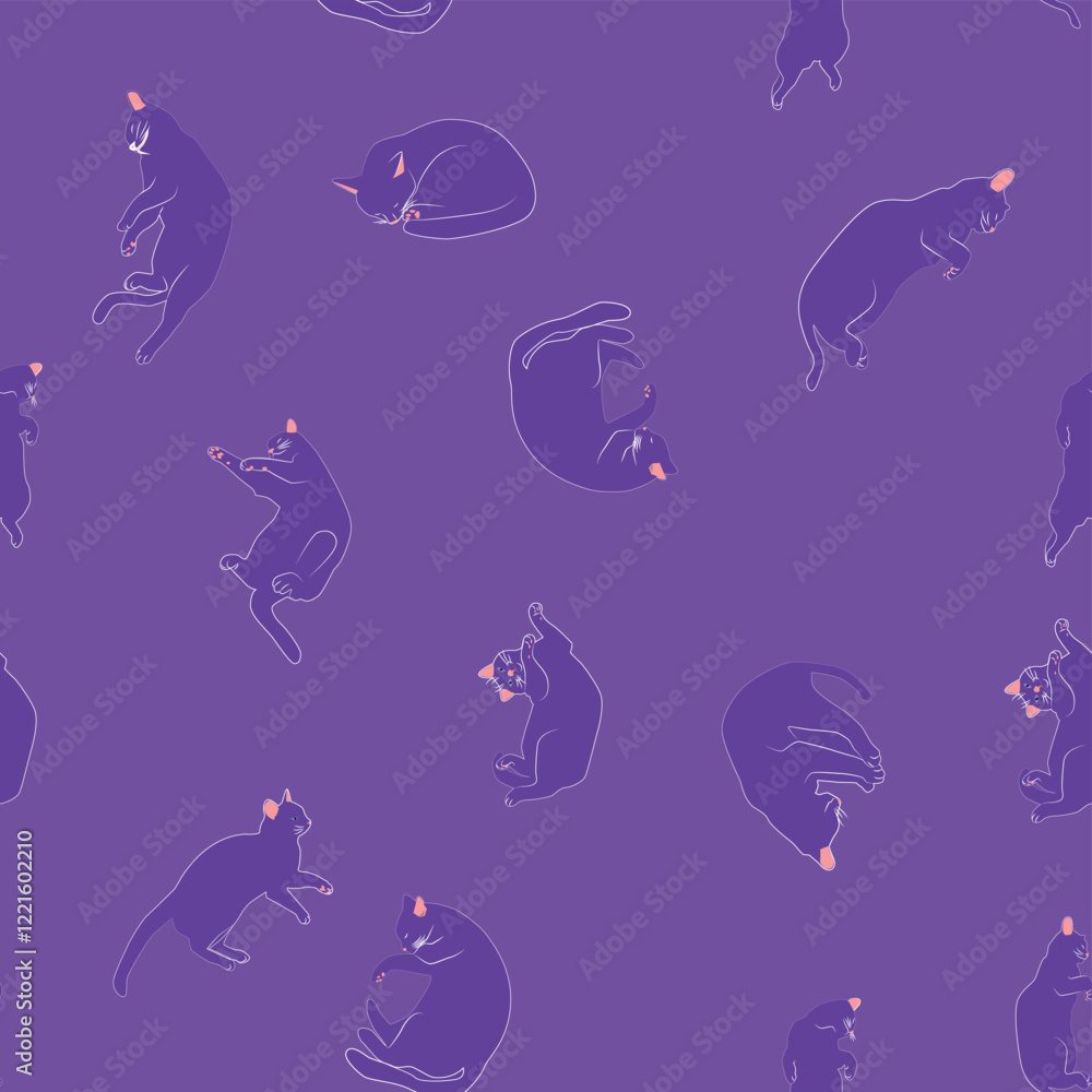 Fototapeta premium Mystical seamless pattern of cats in boho style, silhouette collection. Witchcraft and magic. Esotericism and mysticism, occultism. Cartoon flat vector illustrations, isolated