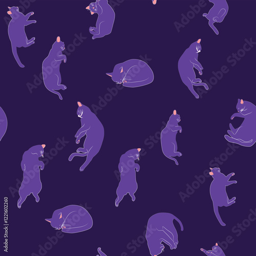 Mystical seamless pattern of cats in boho style, silhouette collection. Witchcraft and magic. Esotericism and mysticism, occultism. Cartoon flat vector illustrations, isolated