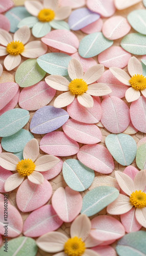 Pastel Floral Pattern with Delicate White Daisies and Textured Leaves