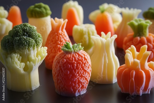 Colorful vegetable-inspired sculptures displayed on a dark surface showcasing unique designs photo