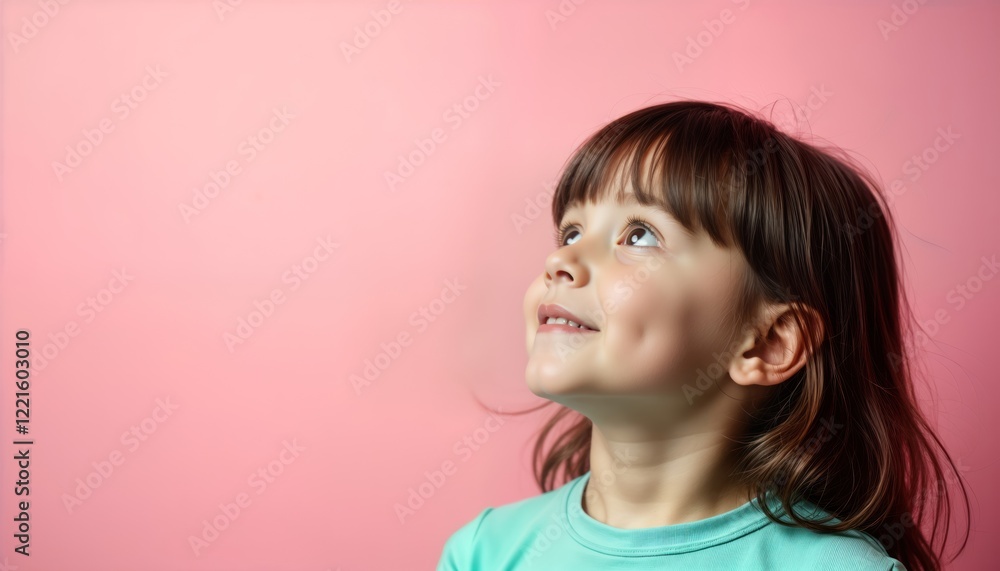 Cute little girl looks upwards. Pastel pink background. Girl teal shirt. Child appears imaginative, curious. Great for lifestyle, children books, education marketing. Perfect for childhood innocence, Cute little girl looks upwards. Pastel pink background. Girl teal shirt. Child appears imaginative, curious. Great for lifestyle, children books, education marketing. Perfect for childhood innocence,