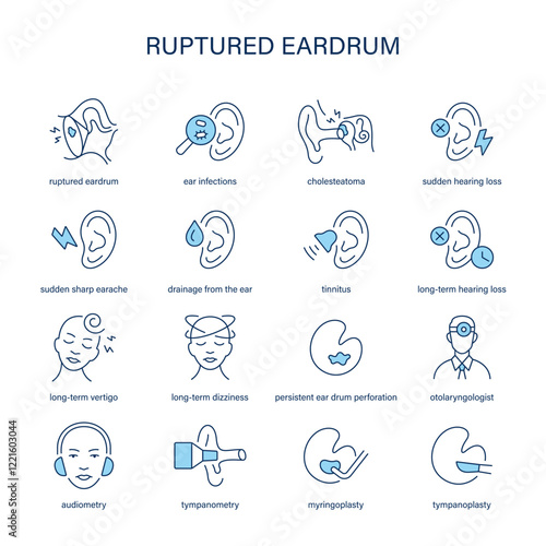 Ruptured Eardrum symptoms, diagnostic and treatment vector icon set. Medical icons.